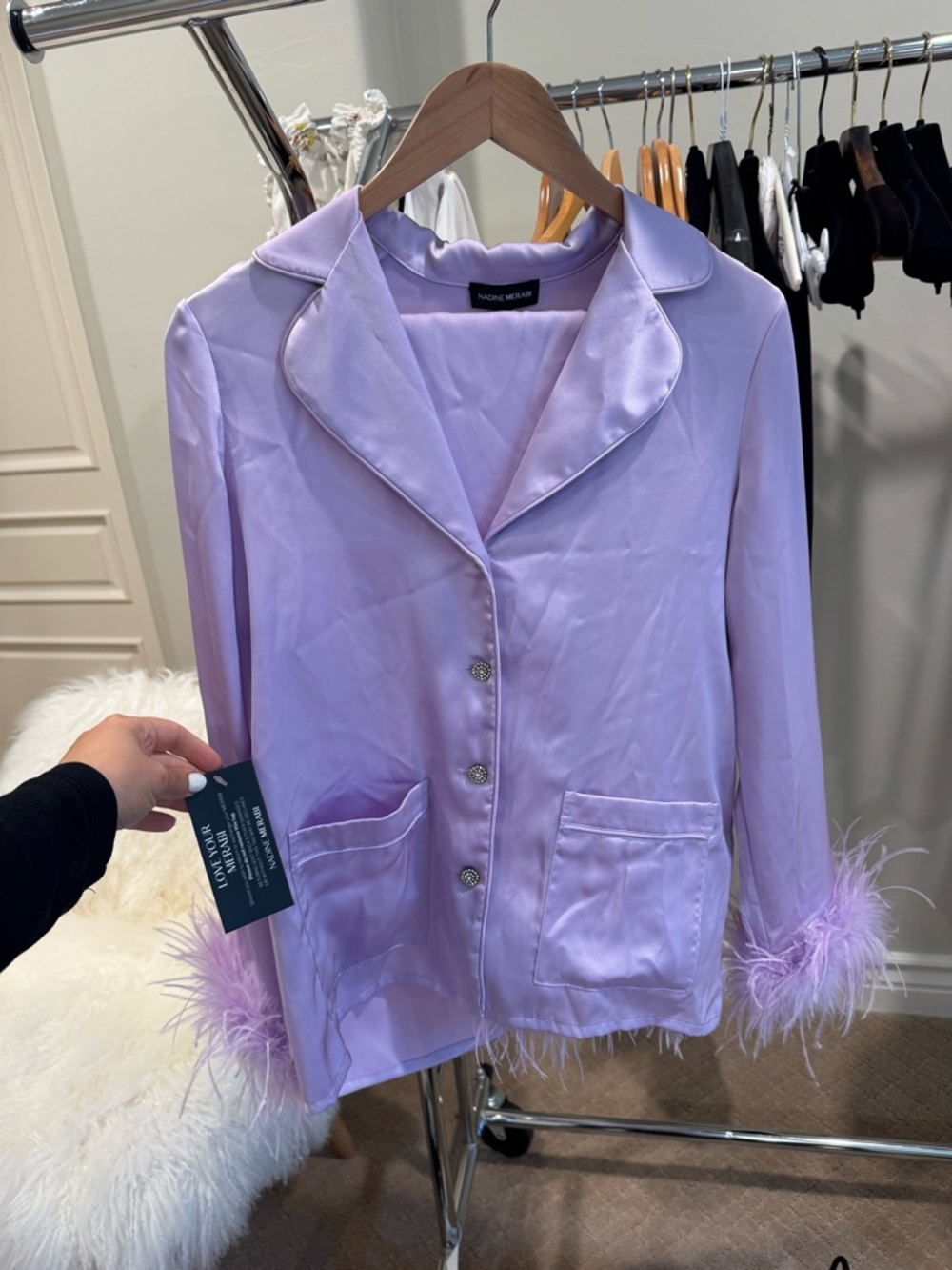 NADINE MERABI Lilac Satin Feather-Cuff Pajama Jacket